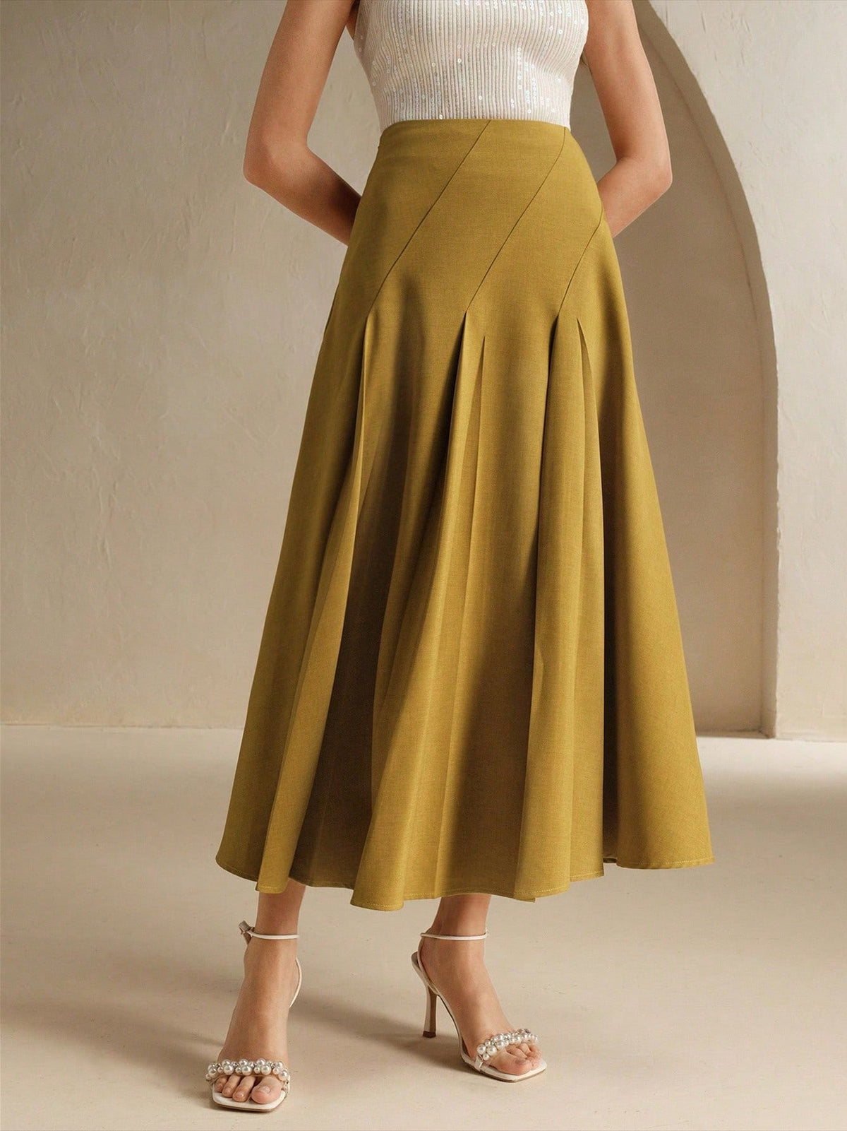 High Waist Pleated A Line Midi Skirt - Yellow