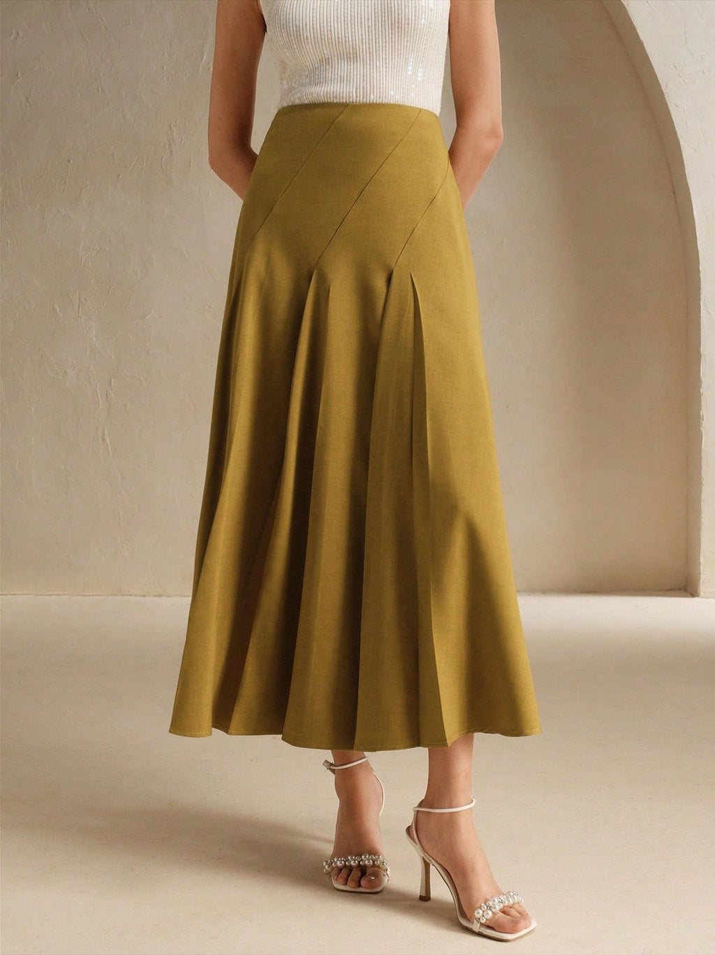 High Waist Pleated A Line Midi Skirt - Yellow - 1