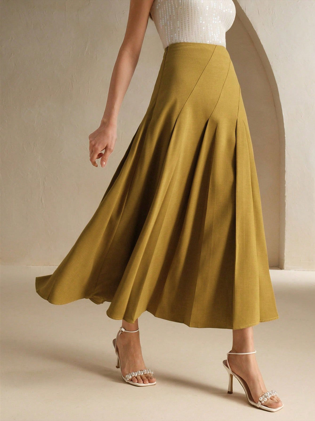 High Waist Pleated A Line Midi Skirt - Yellow - 2