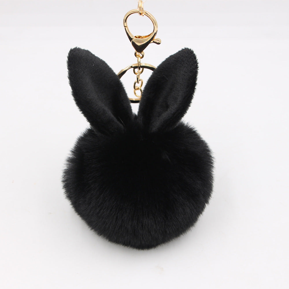 Plush Pom Pom Keychain With Bunny Ears - Black