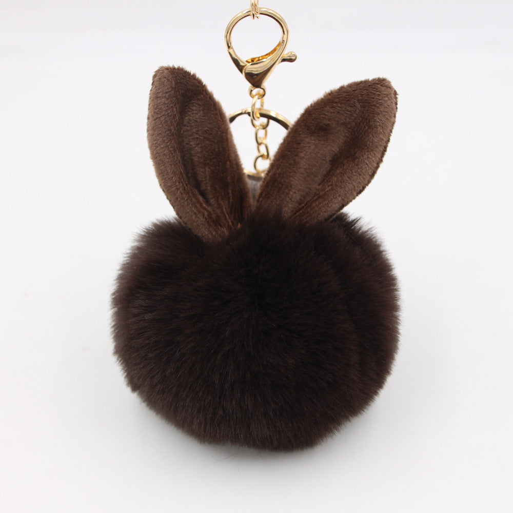 Plush Pom Pom Keychain With Bunny Ears - Brown