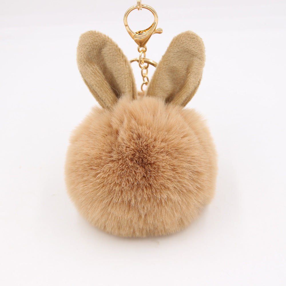 Plush Pom Pom Keychain With Bunny Ears - Khaki