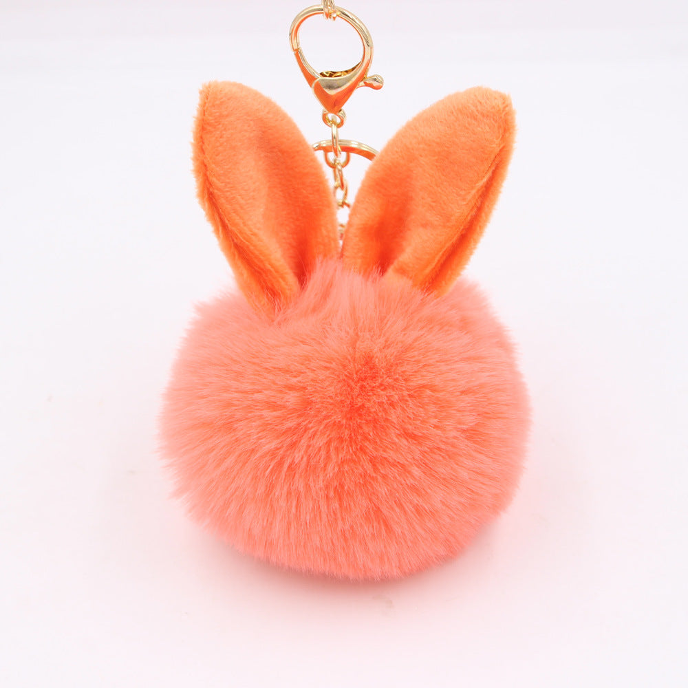 Plush Pom Pom Keychain With Bunny Ears - Orange