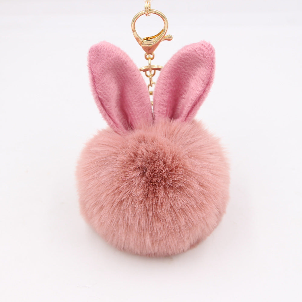 Plush Pom Pom Keychain With Bunny Ears - Peach