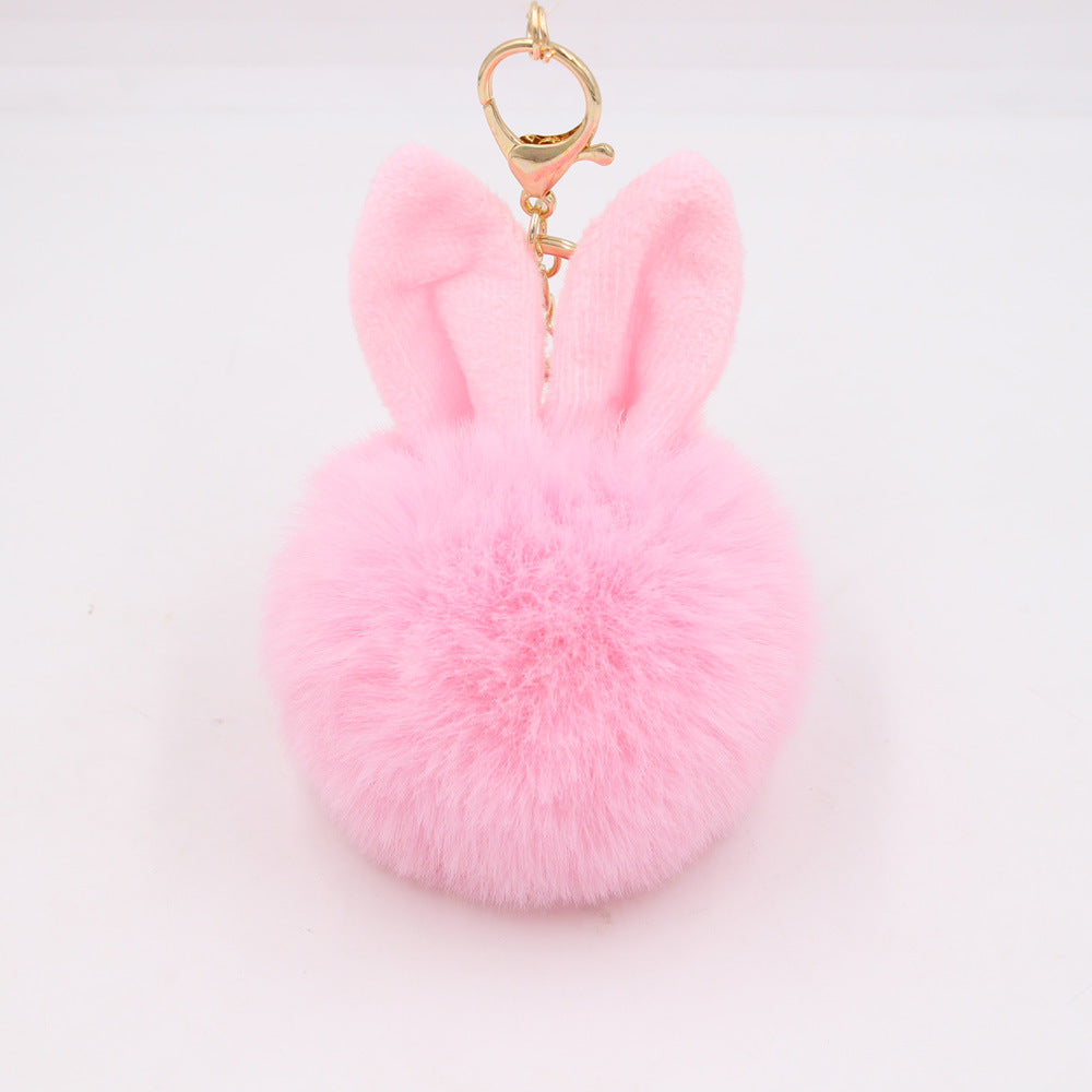 Plush Pom Pom Keychain With Bunny Ears - Pink