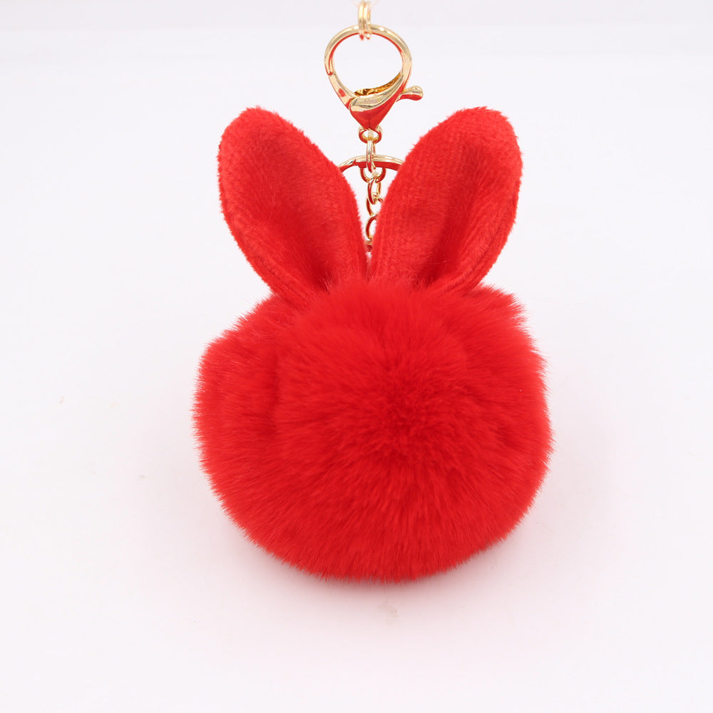 Plush Pom Pom Keychain With Bunny Ears - Red