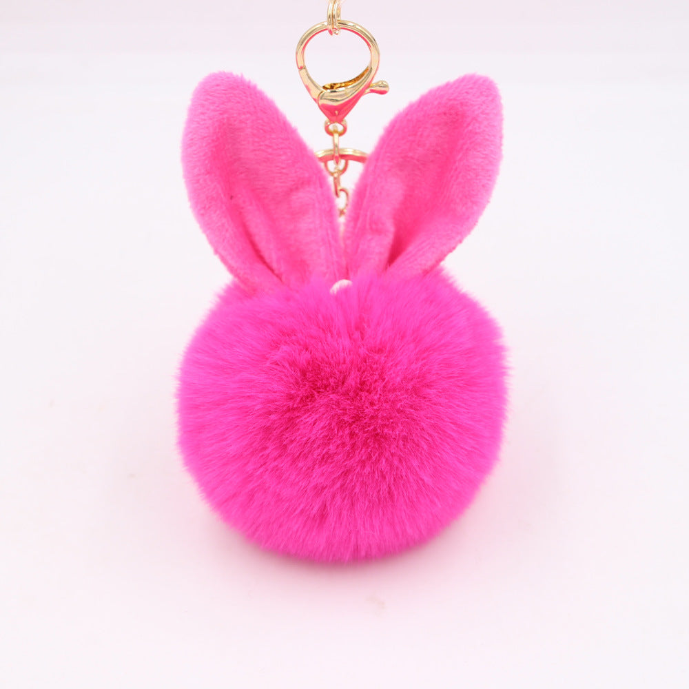 Plush Pom Pom Keychain With Bunny Ears - Rose