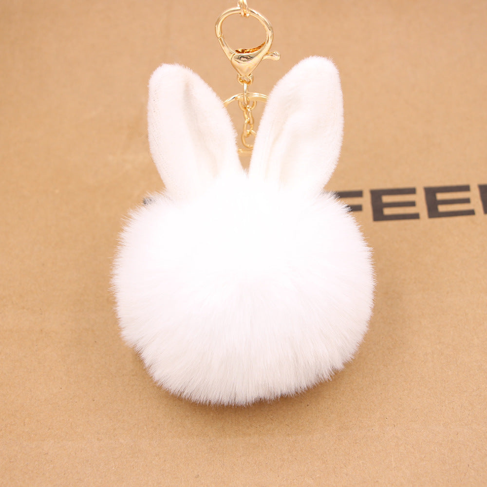 Plush Pom Pom Keychain With Bunny Ears - White