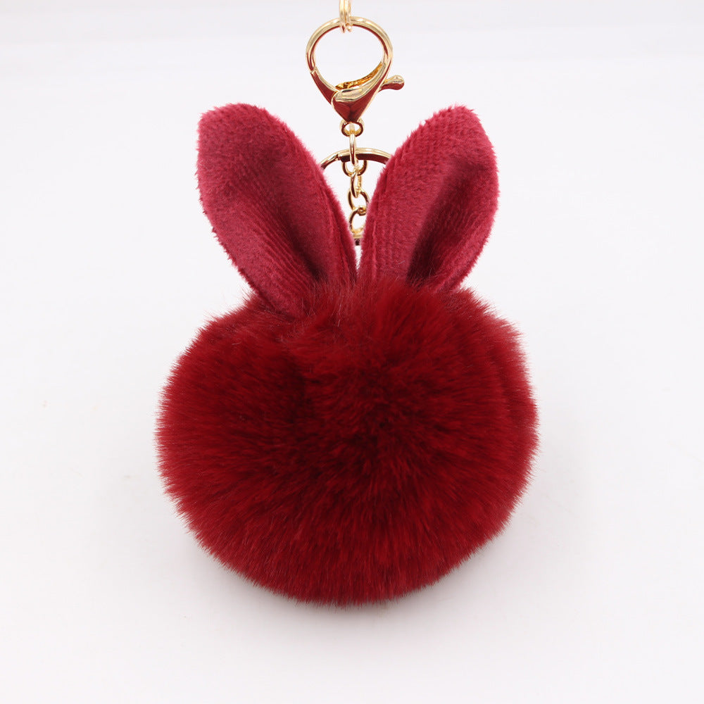 Plush Pom Pom Keychain With Bunny Ears - WineRed