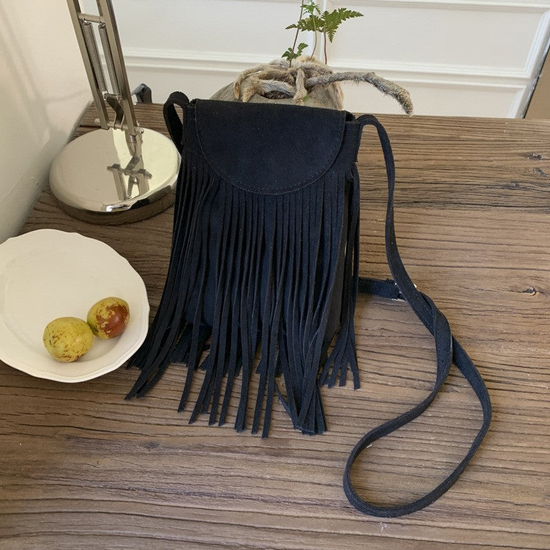 Faux Suede Fringe Crossbody Phone Bag - Black