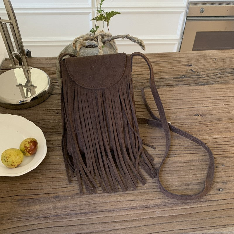 Faux Suede Fringe Crossbody Phone Bag - Chocolate
