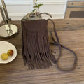 Faux Suede Fringe Crossbody Phone Bag - Chocolate
