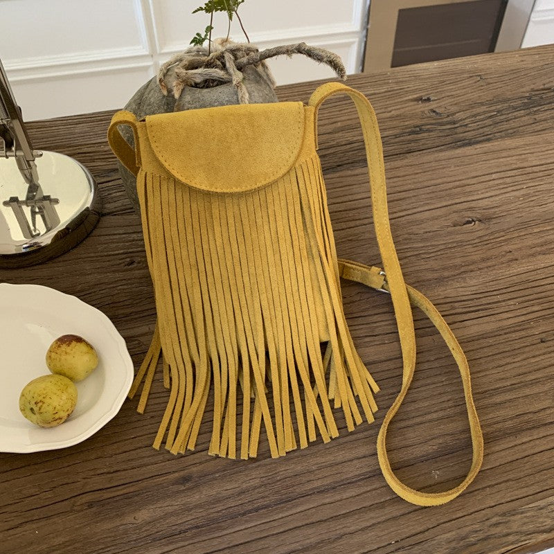 Faux Suede Fringe Crossbody Phone Bag - Mustard