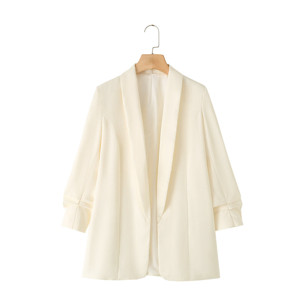 Collarless Open Front Pleated Sleeve Blazer - Beige