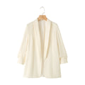 Collarless Open Front Pleated Sleeve Blazer - Beige