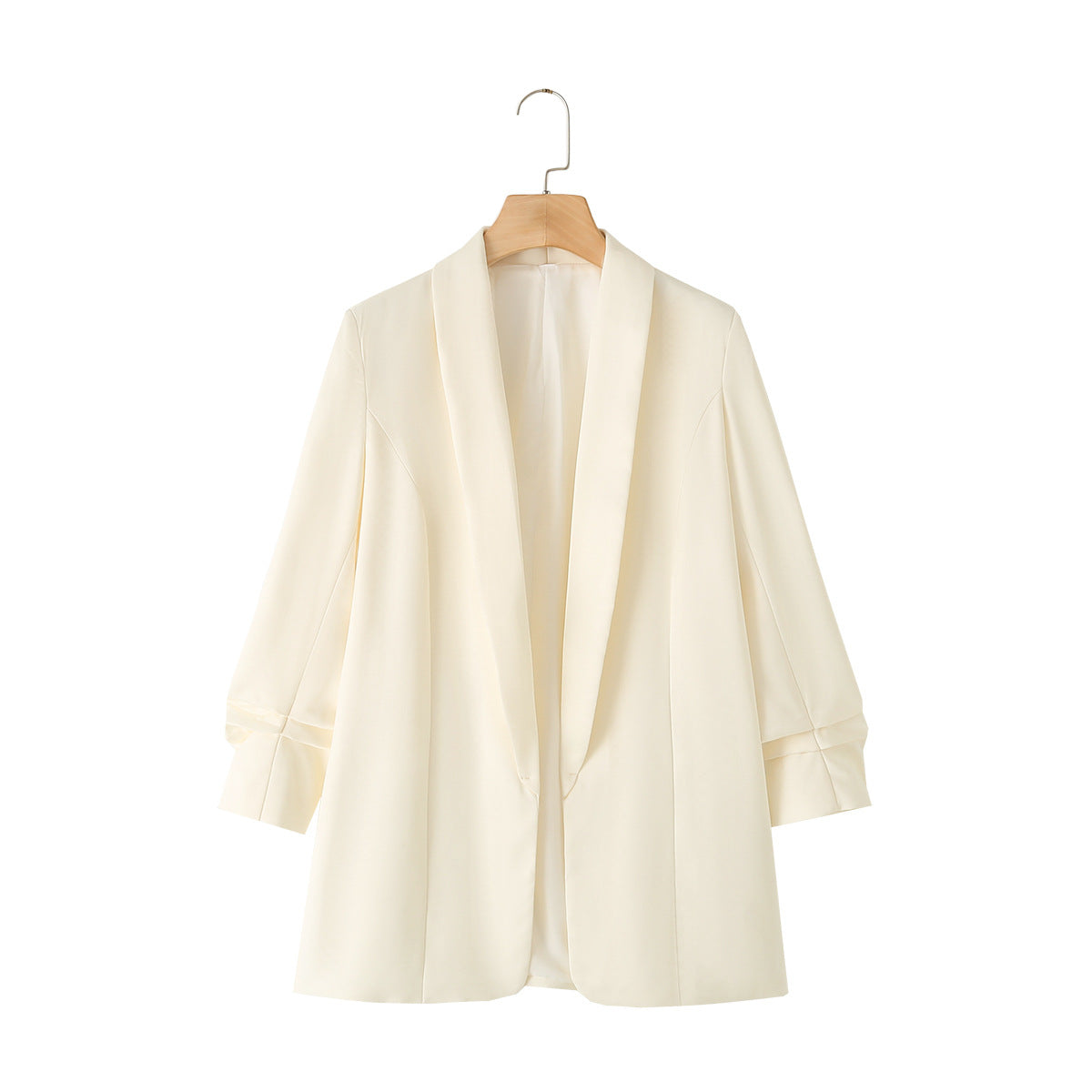 Collarless Open Front Pleated Sleeve Blazer - Beige