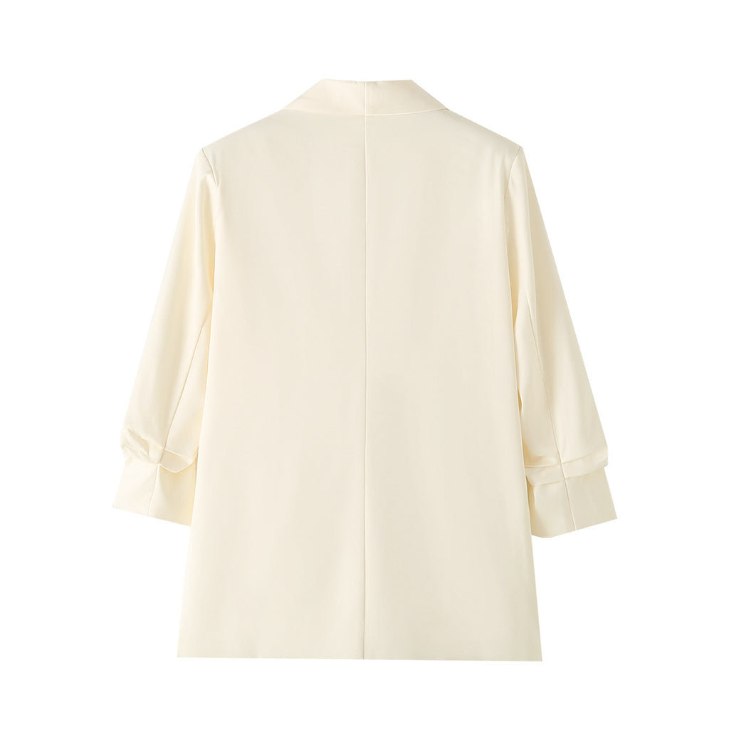 Collarless Open Front Pleated Sleeve Blazer - Beige - 8