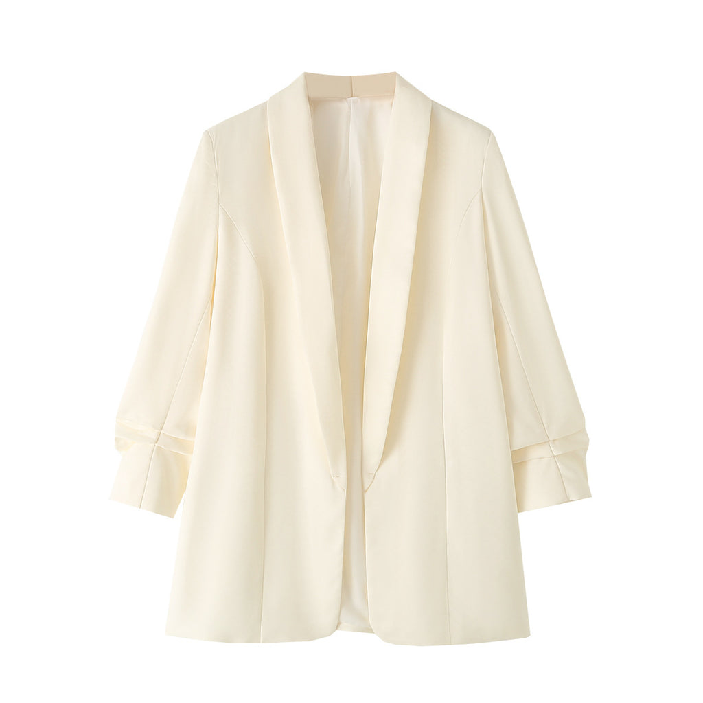 Collarless Open Front Pleated Sleeve Blazer