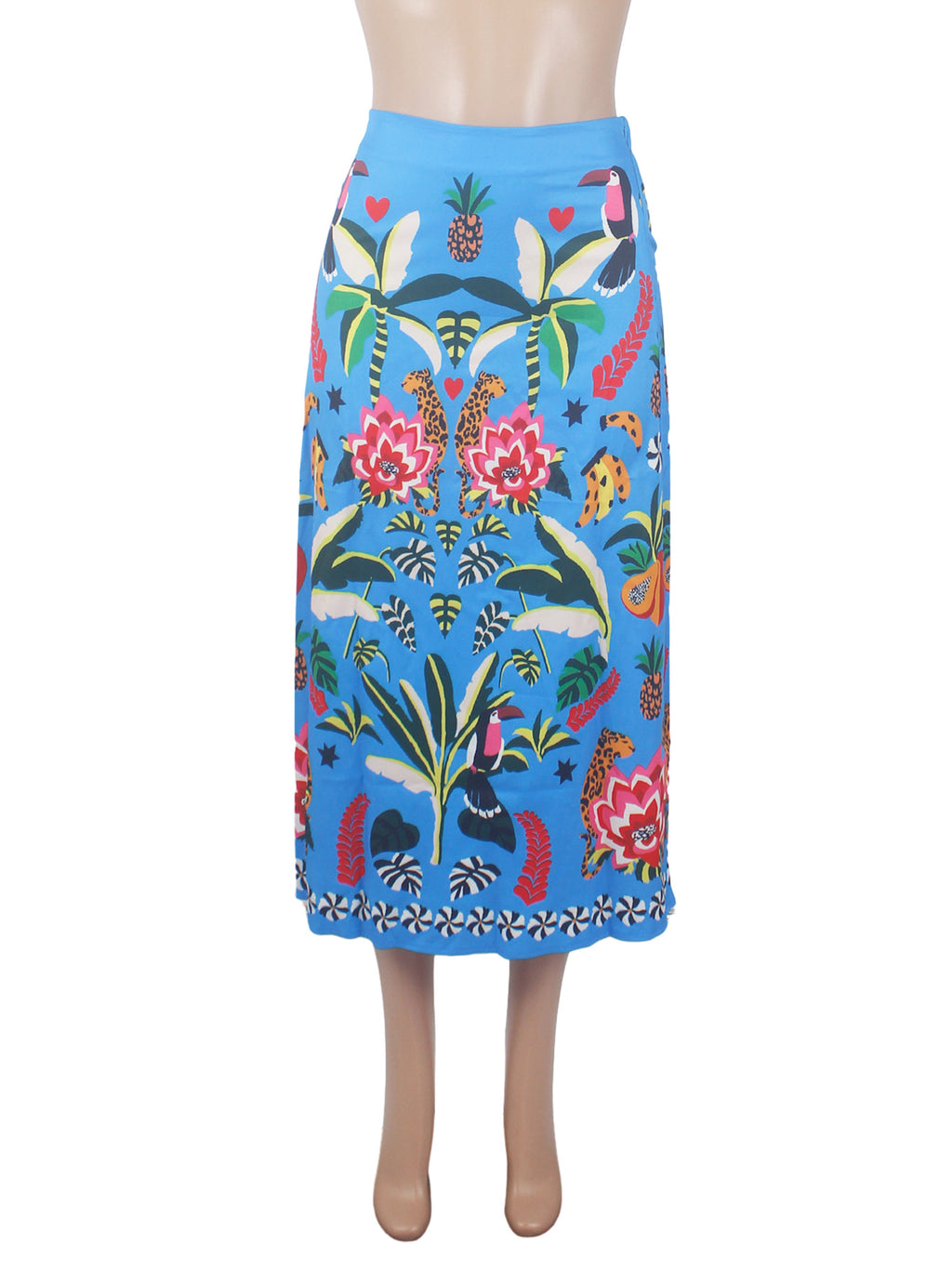 Tropical Toucan Print Wrap Midi Skirt - Blue