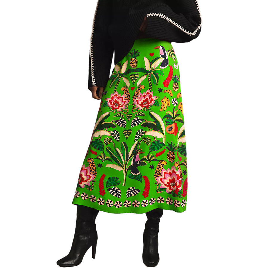 Tropical Toucan Print Wrap Midi Skirt - Green