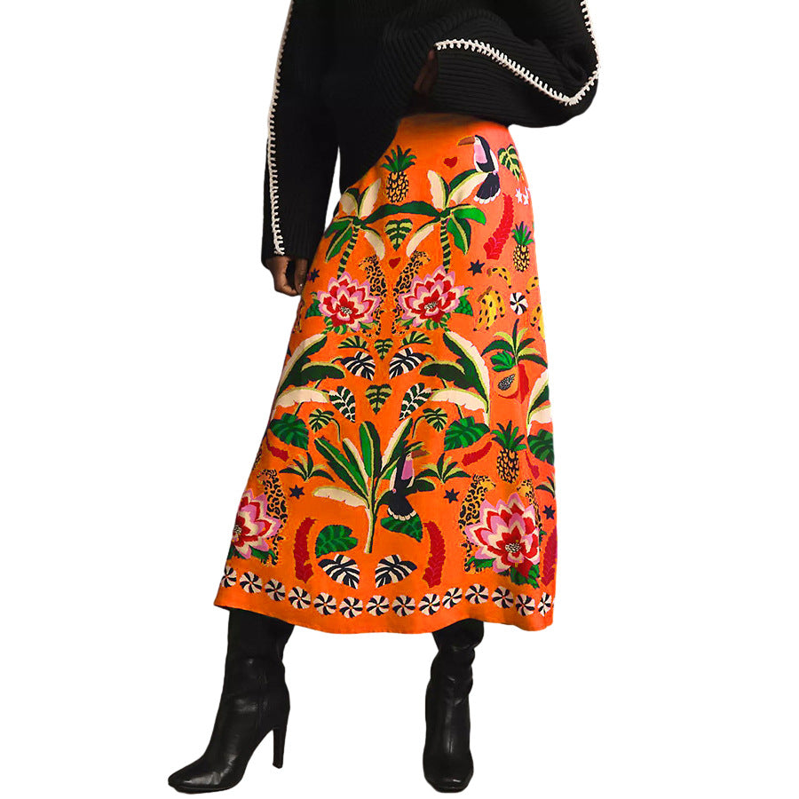 Tropical Toucan Print Wrap Midi Skirt - Orange