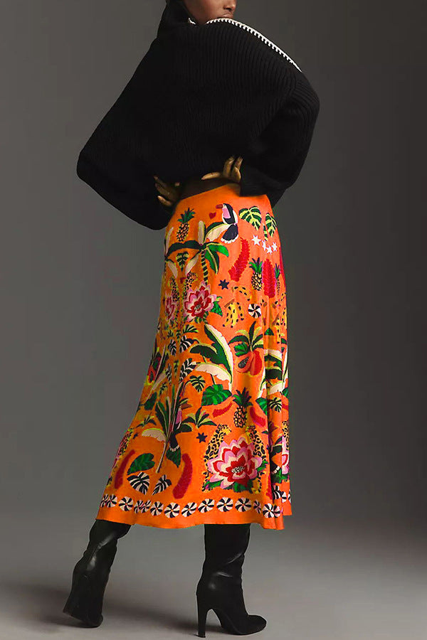 Tropical Toucan Print Wrap Midi Skirt - Orange - 1