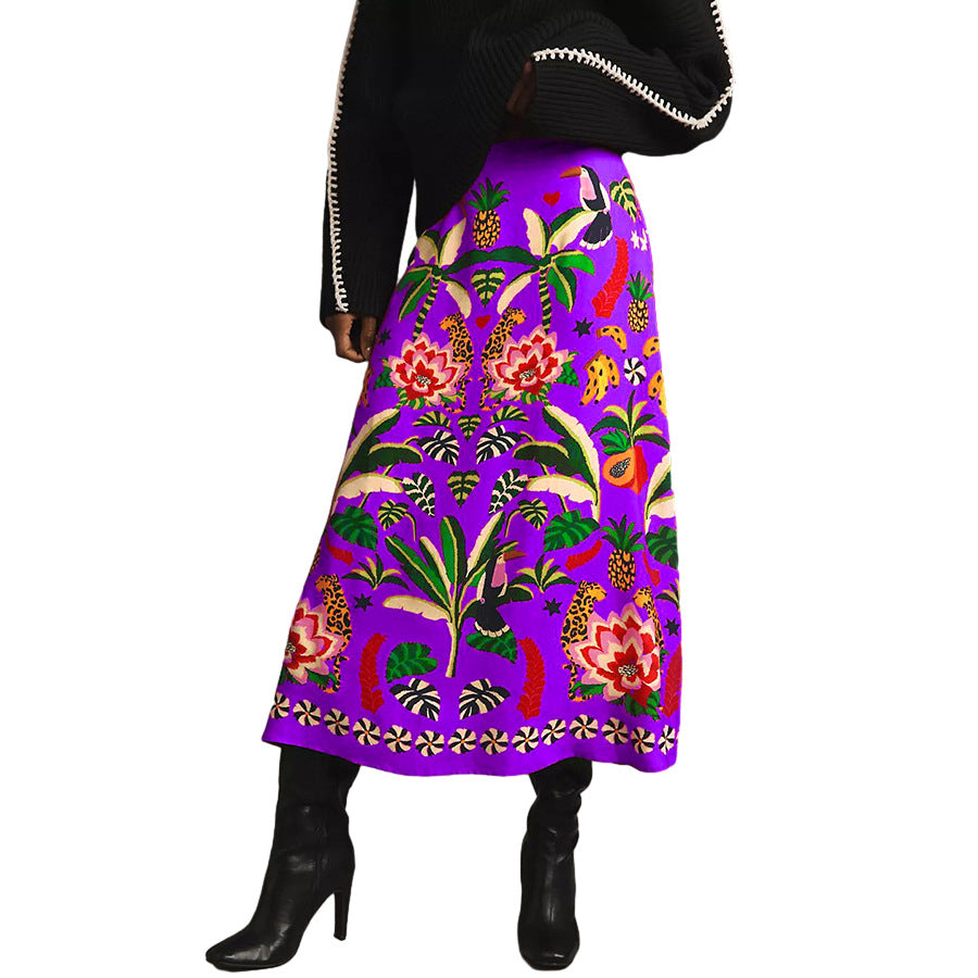 Tropical Toucan Print Wrap Midi Skirt - Purple