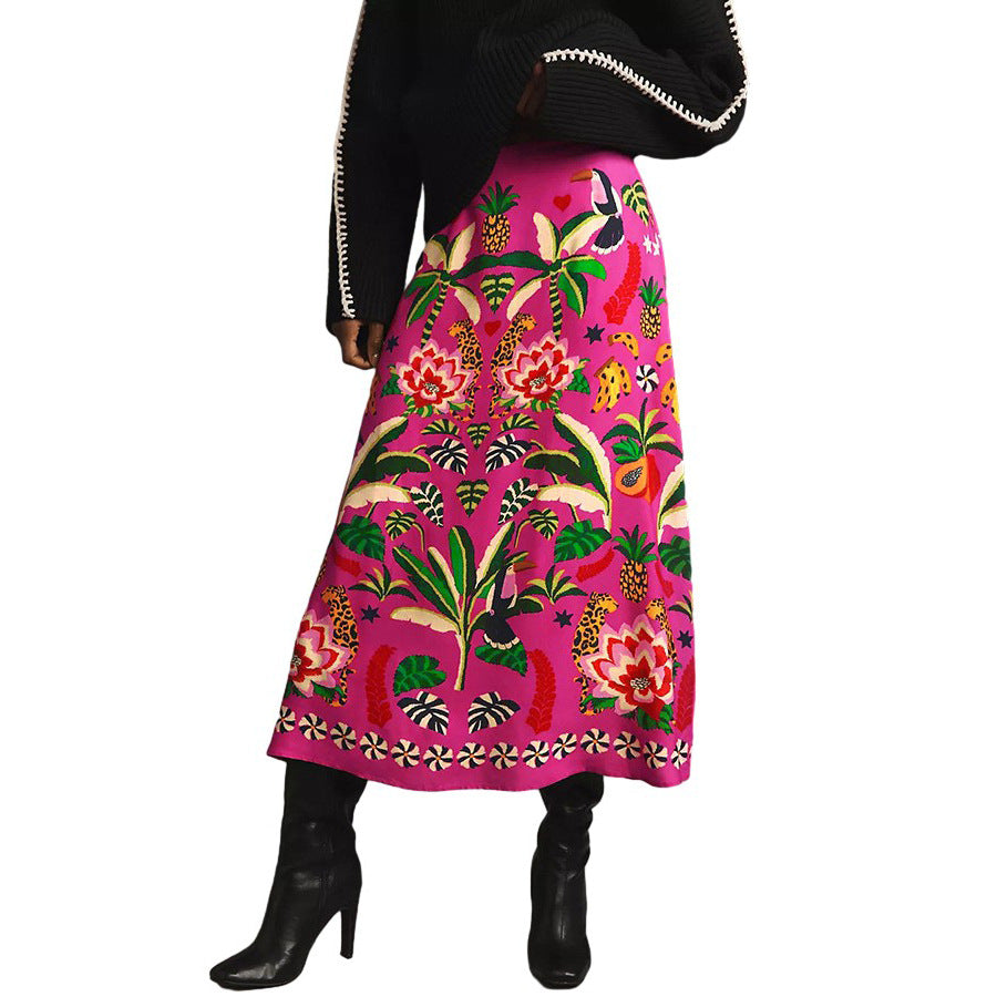 Tropical Toucan Print Wrap Midi Skirt - RoseRed