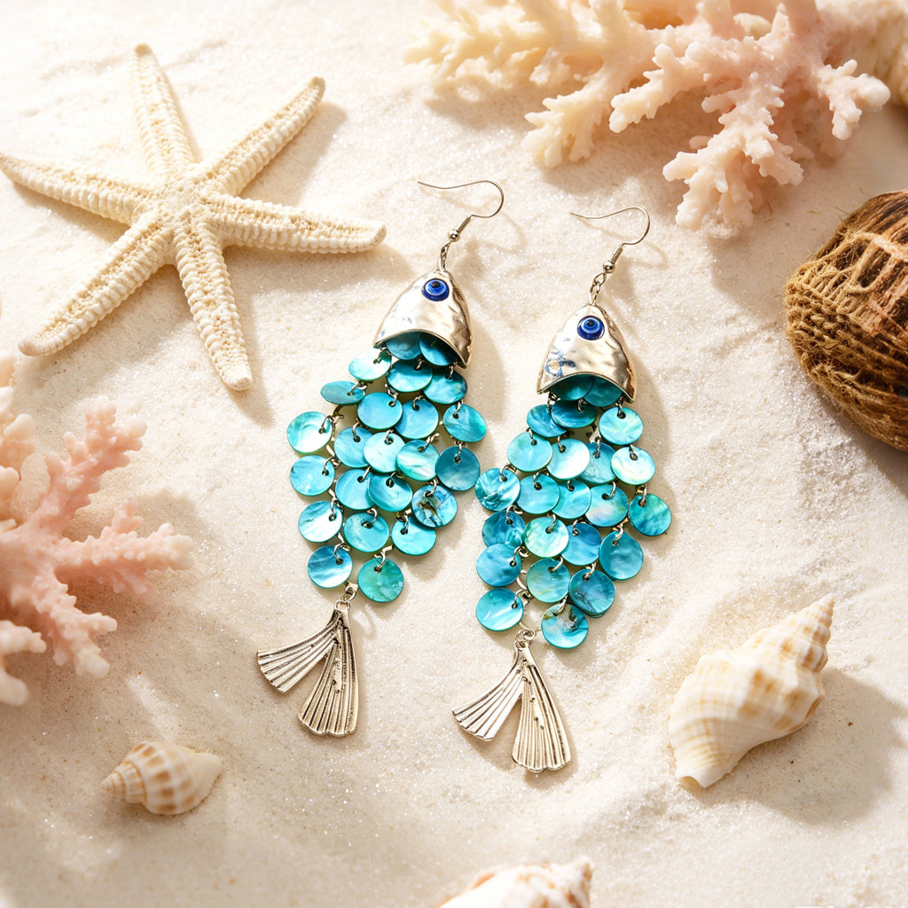 Scalloped Fish Charm Statement Drop Earrings - Blue