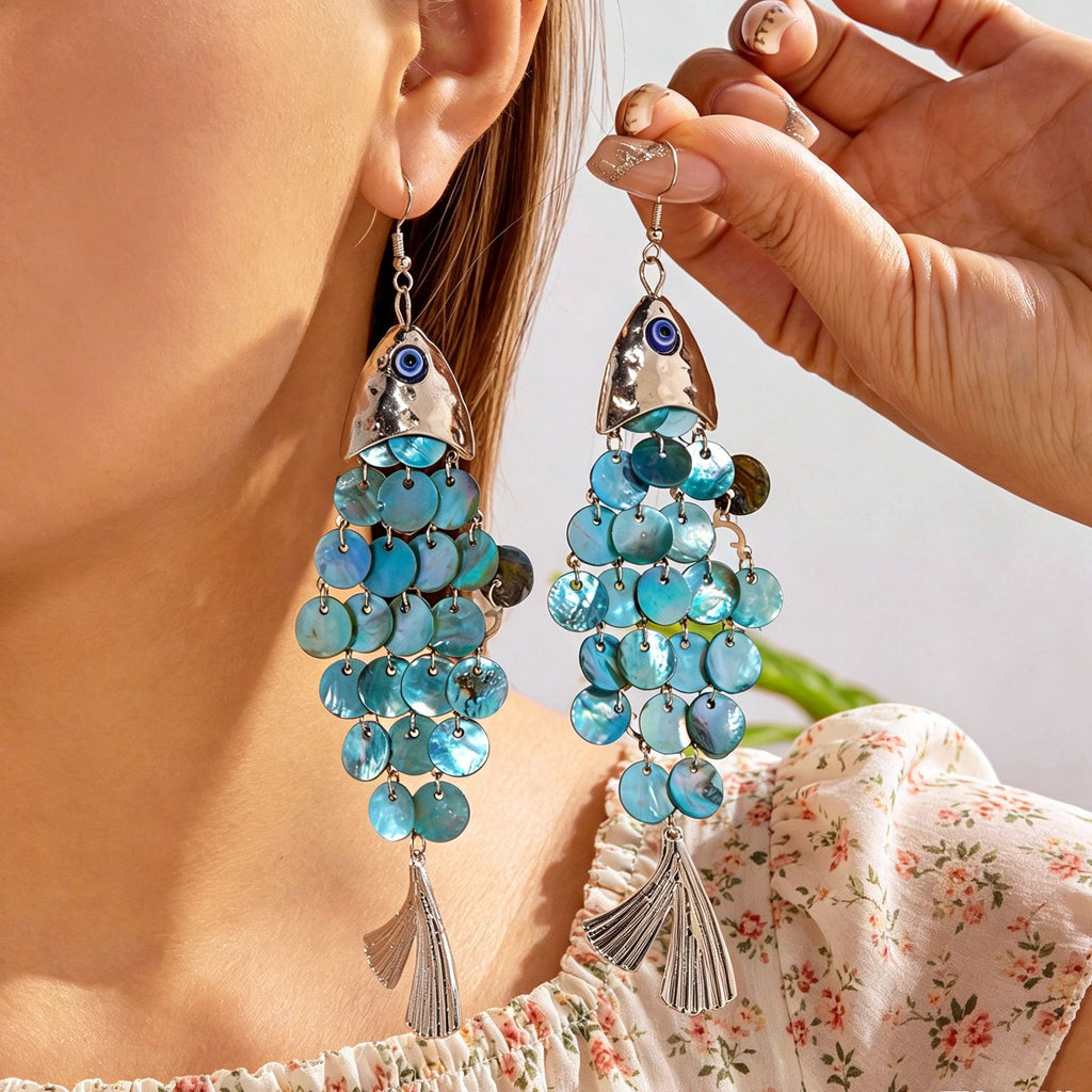 Scalloped Fish Charm Statement Drop Earrings - Blue - 1