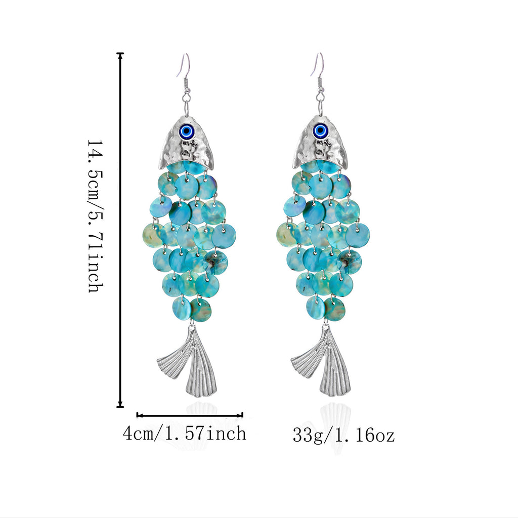 Scalloped Fish Charm Statement Drop Earrings - Blue - 2