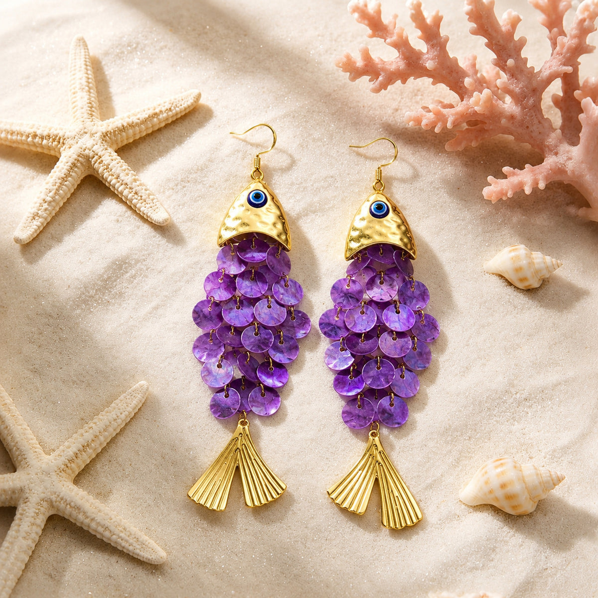 Scalloped Fish Charm Statement Drop Earrings - Purple