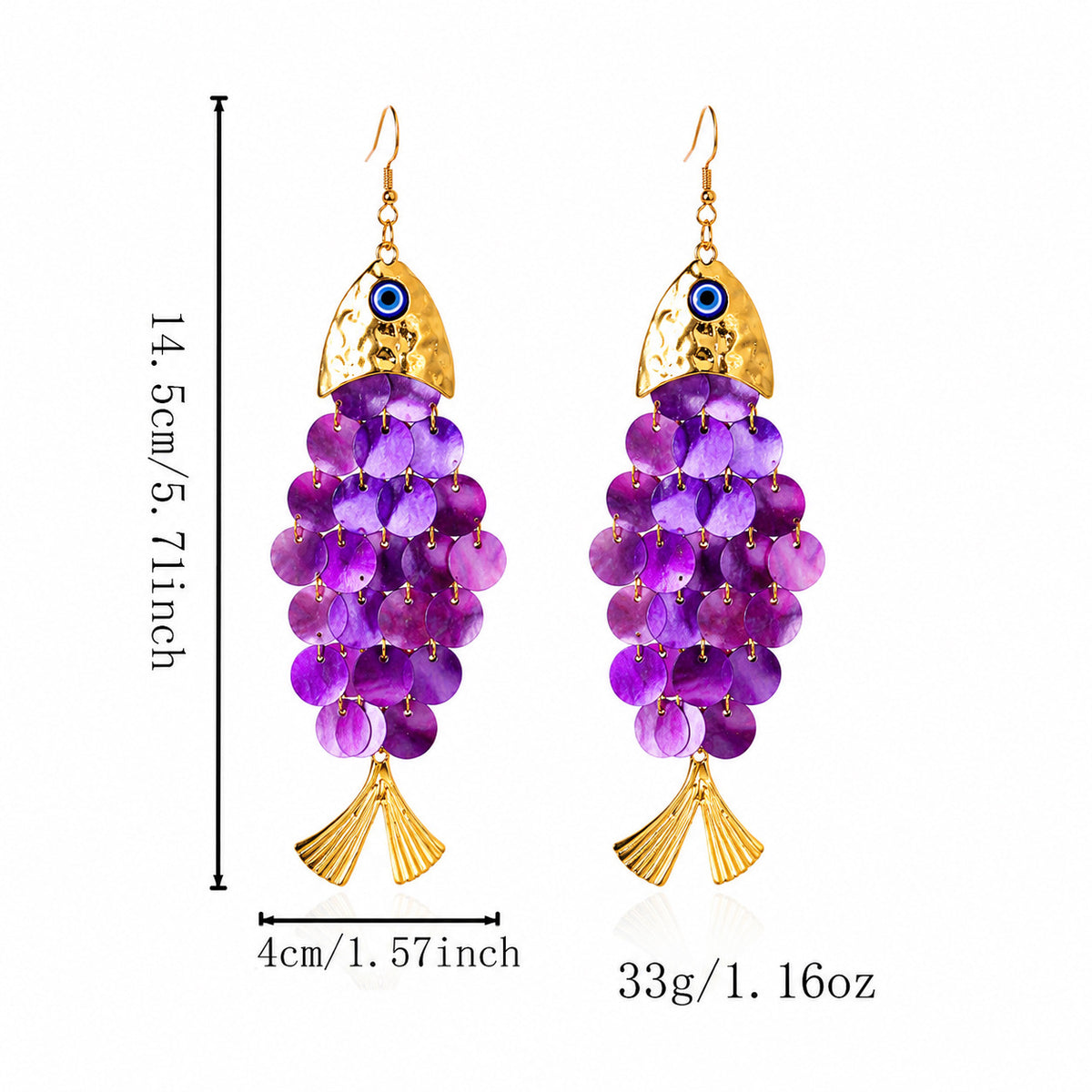 Scalloped Fish Charm Statement Drop Earrings - Purple - 1