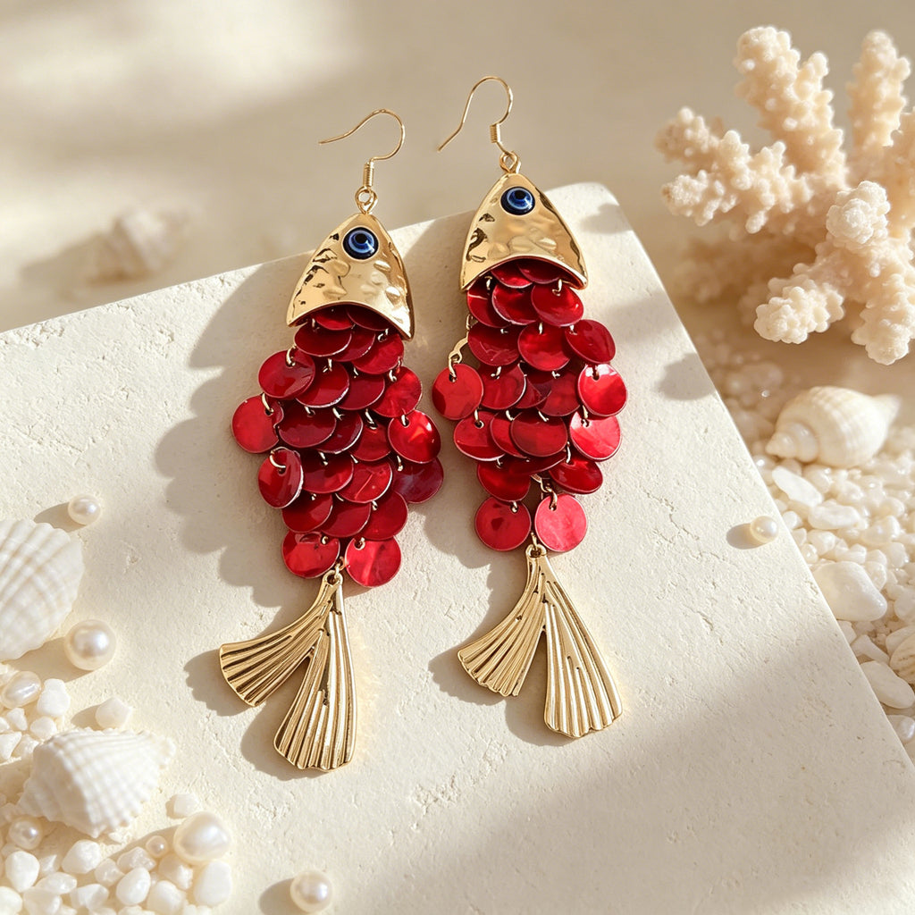 Scalloped Fish Charm Statement Drop Earrings - Red