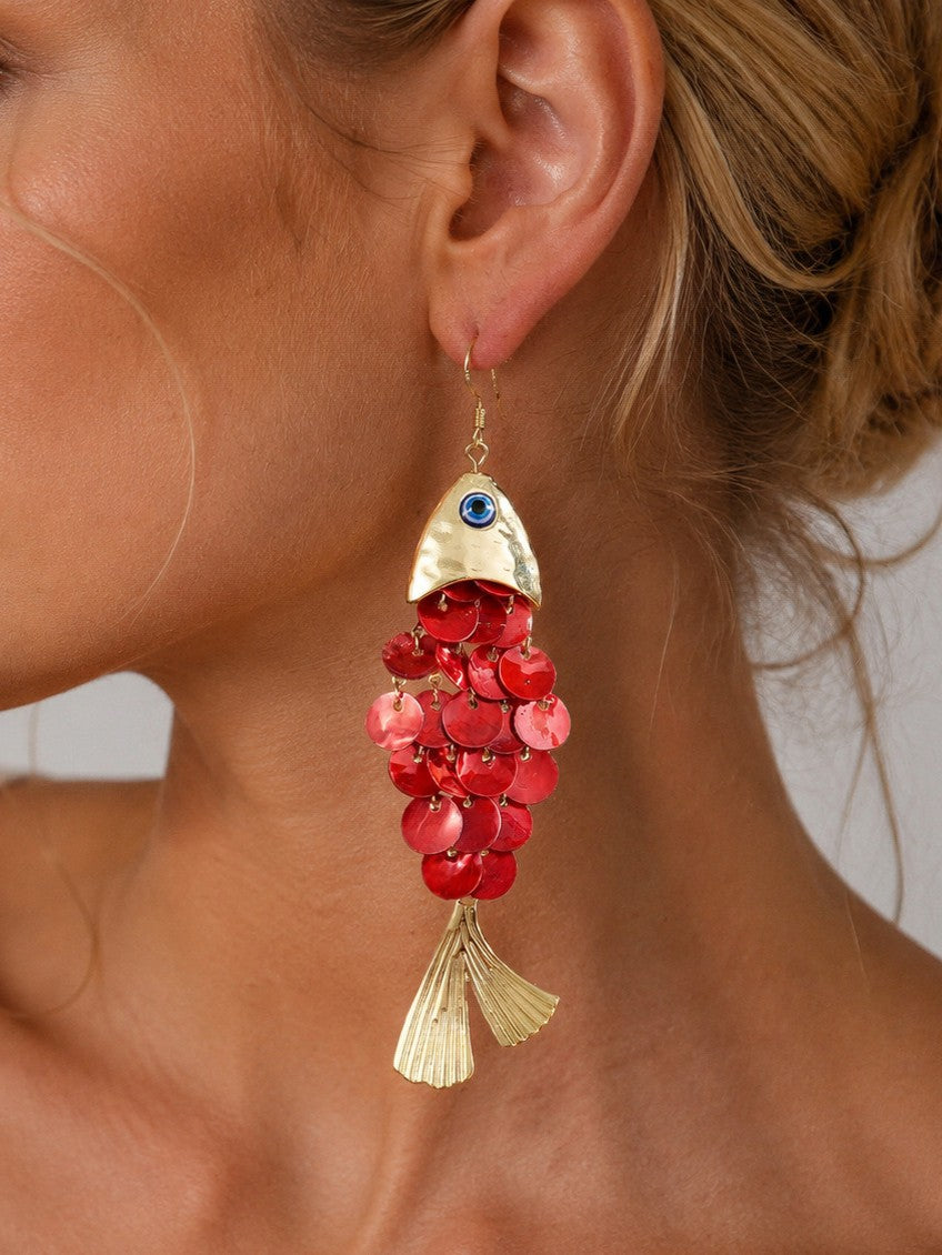 Scalloped Fish Charm Statement Drop Earrings - Red - 1