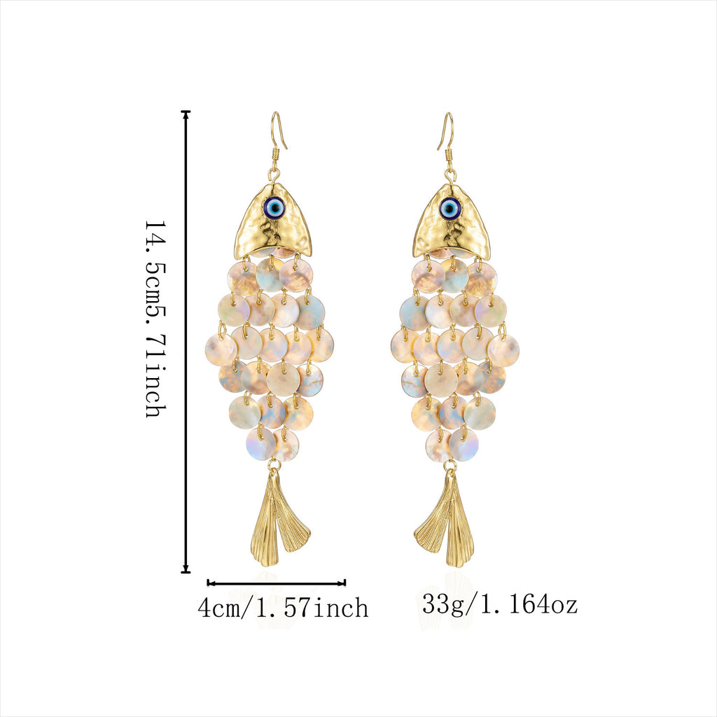 Scalloped Fish Charm Statement Drop Earrings - White - 2