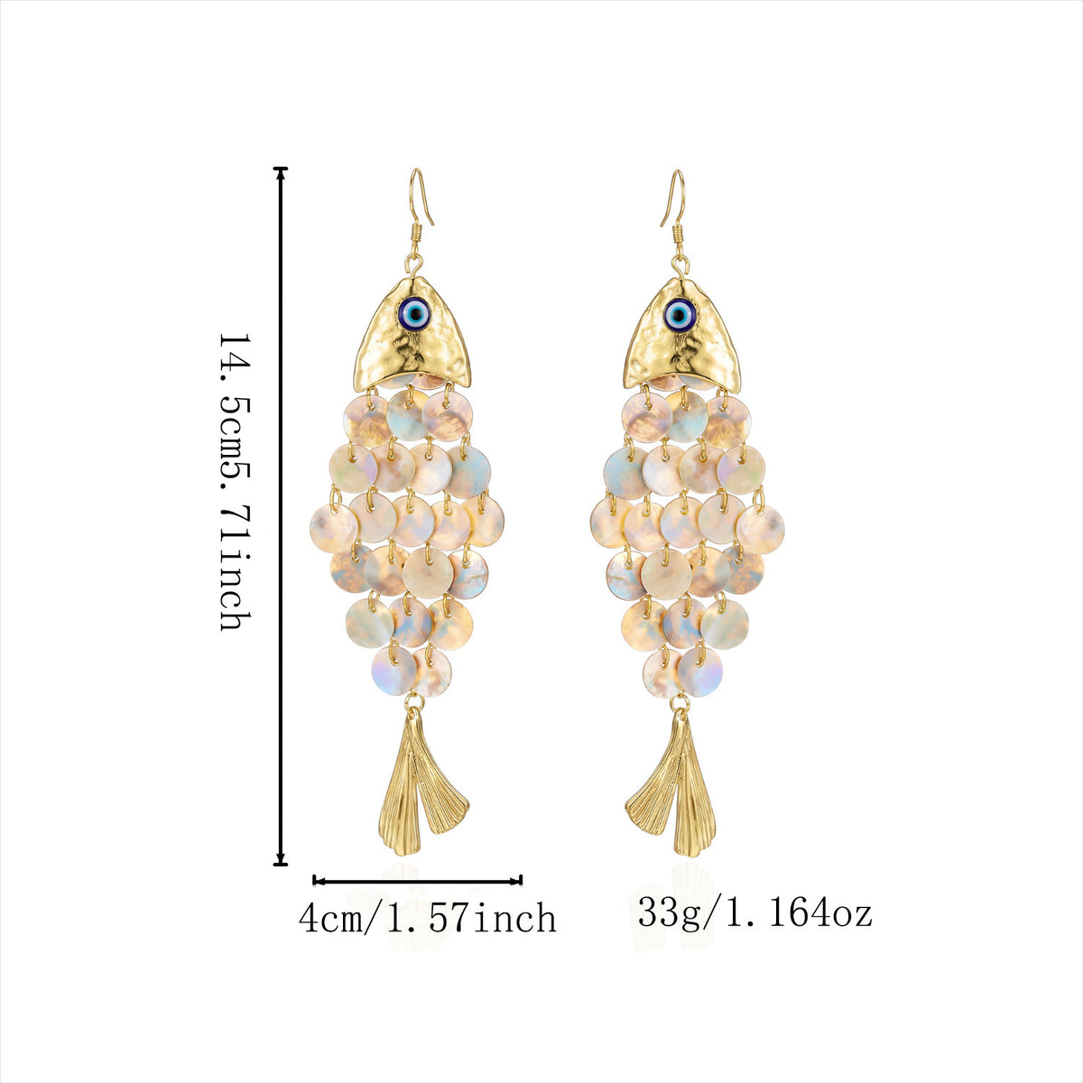 Scalloped Fish Charm Statement Drop Earrings - White - 2