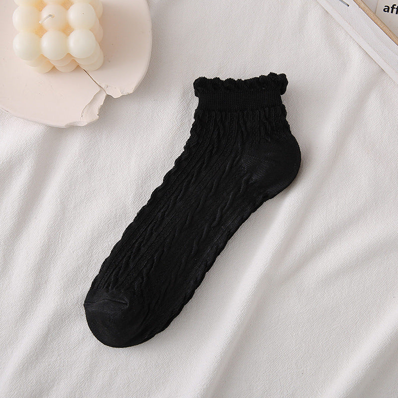 Textured Twist Frill Cuff Ankle Socks - Black
