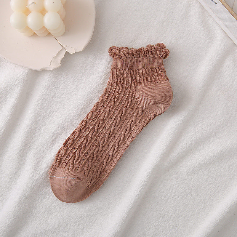 Textured Twist Frill Cuff Ankle Socks - LightCoffee