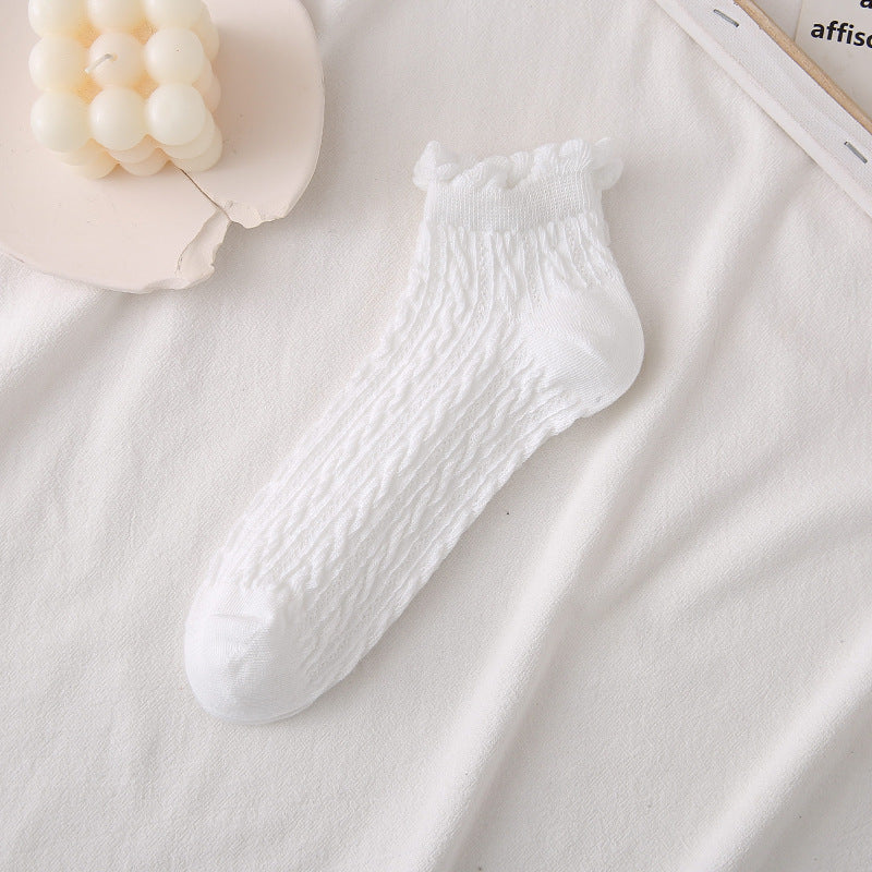 Textured Twist Frill Cuff Ankle Socks - White