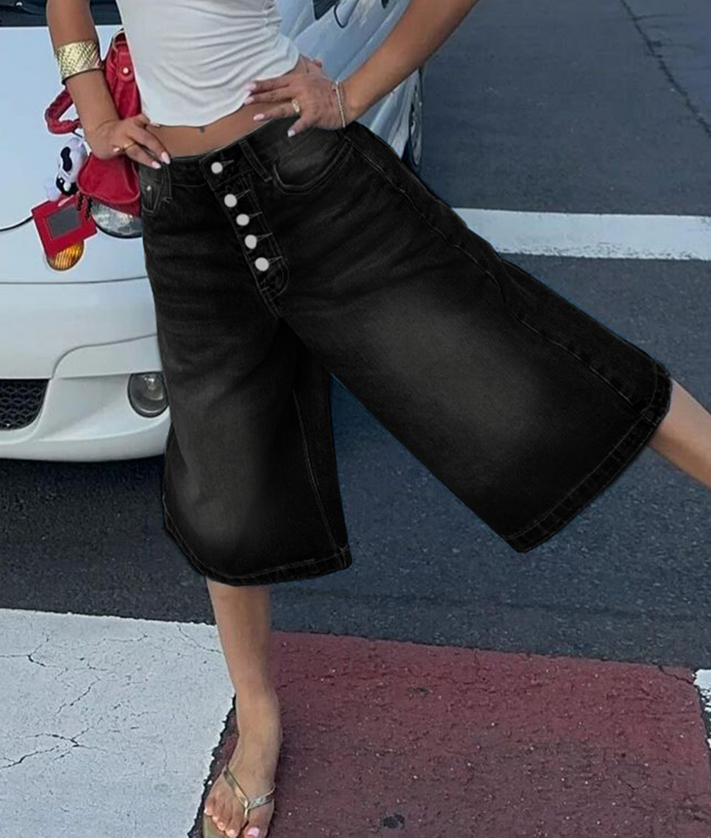 High Rise Baggy Denim Culotte Jeans - Black