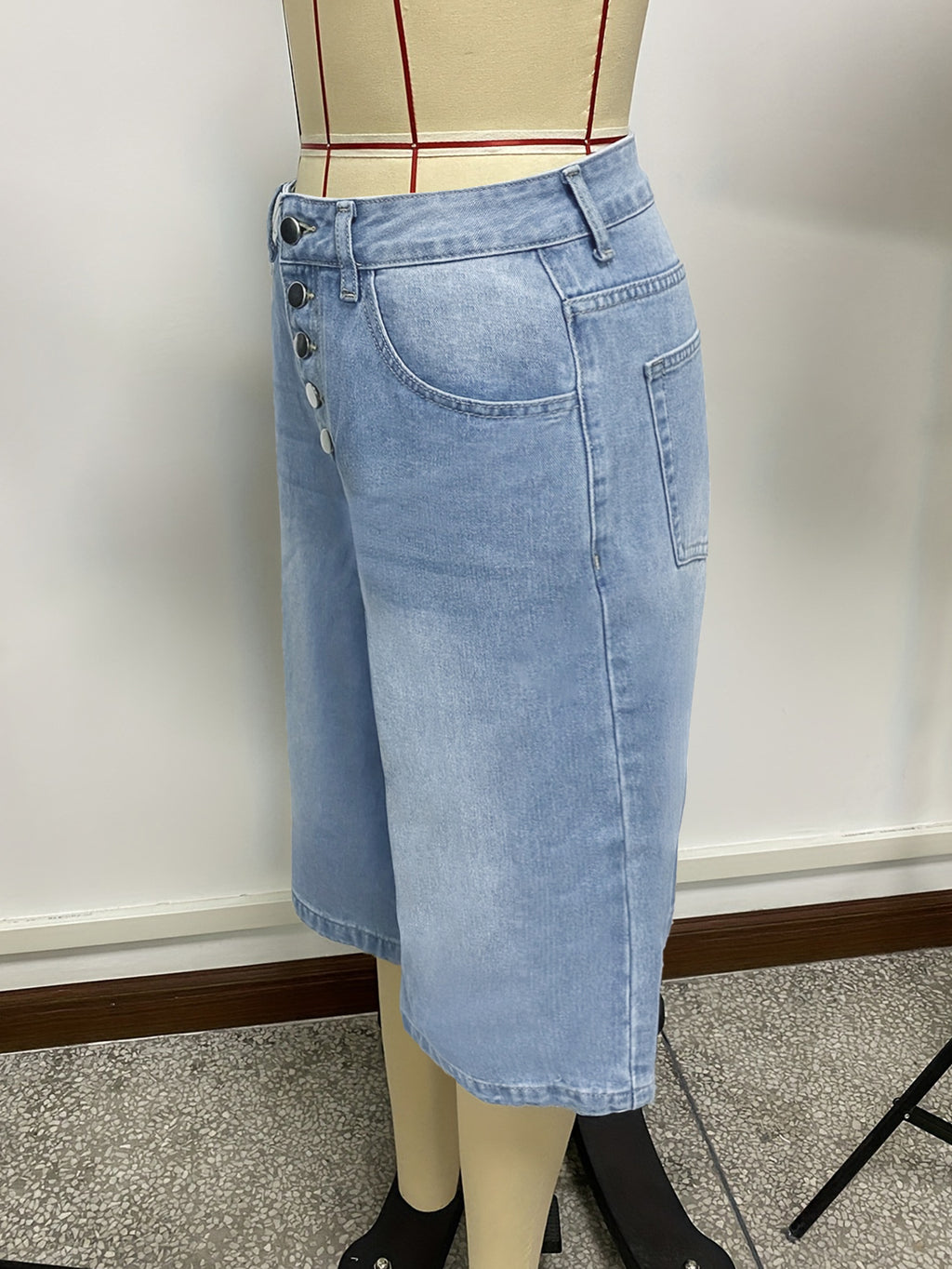 High Rise Baggy Denim Culotte Jeans - Blue - 1