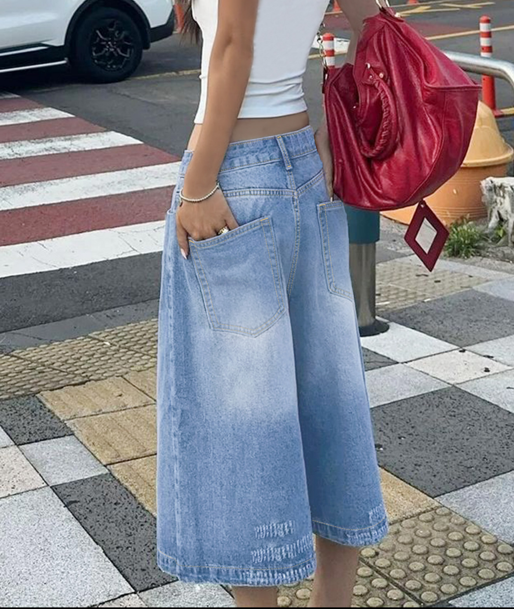 High Rise Baggy Denim Culotte Jeans - Blue - 4