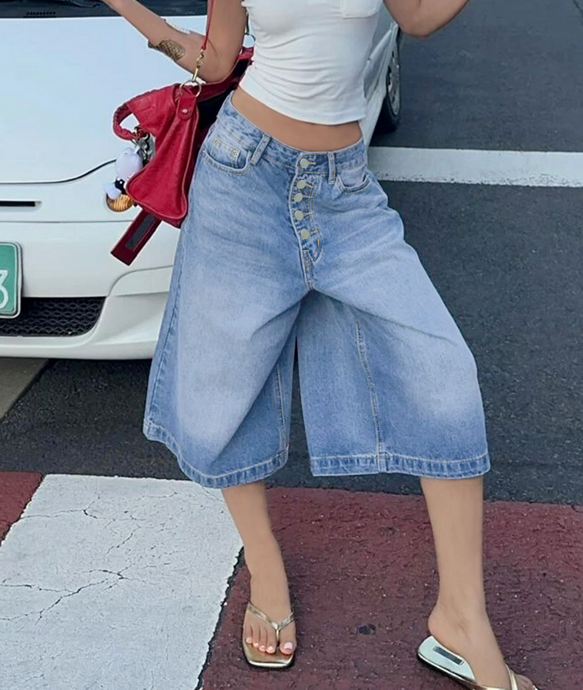 High Rise Baggy Denim Culotte Jeans - Blue - 5