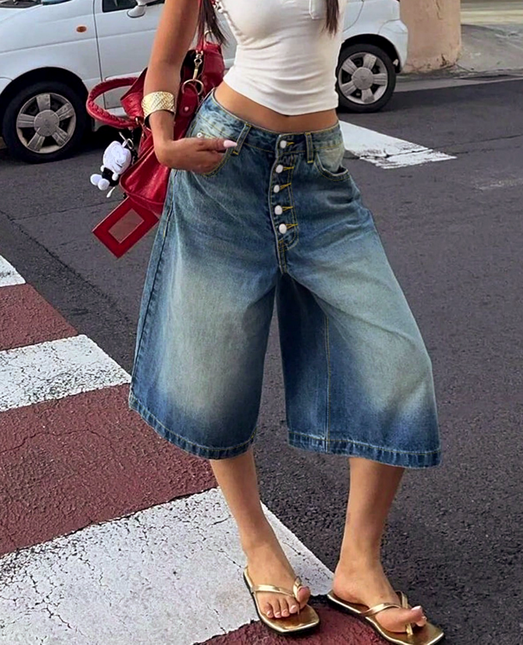 High Rise Baggy Denim Culotte Jeans - DarkBlue