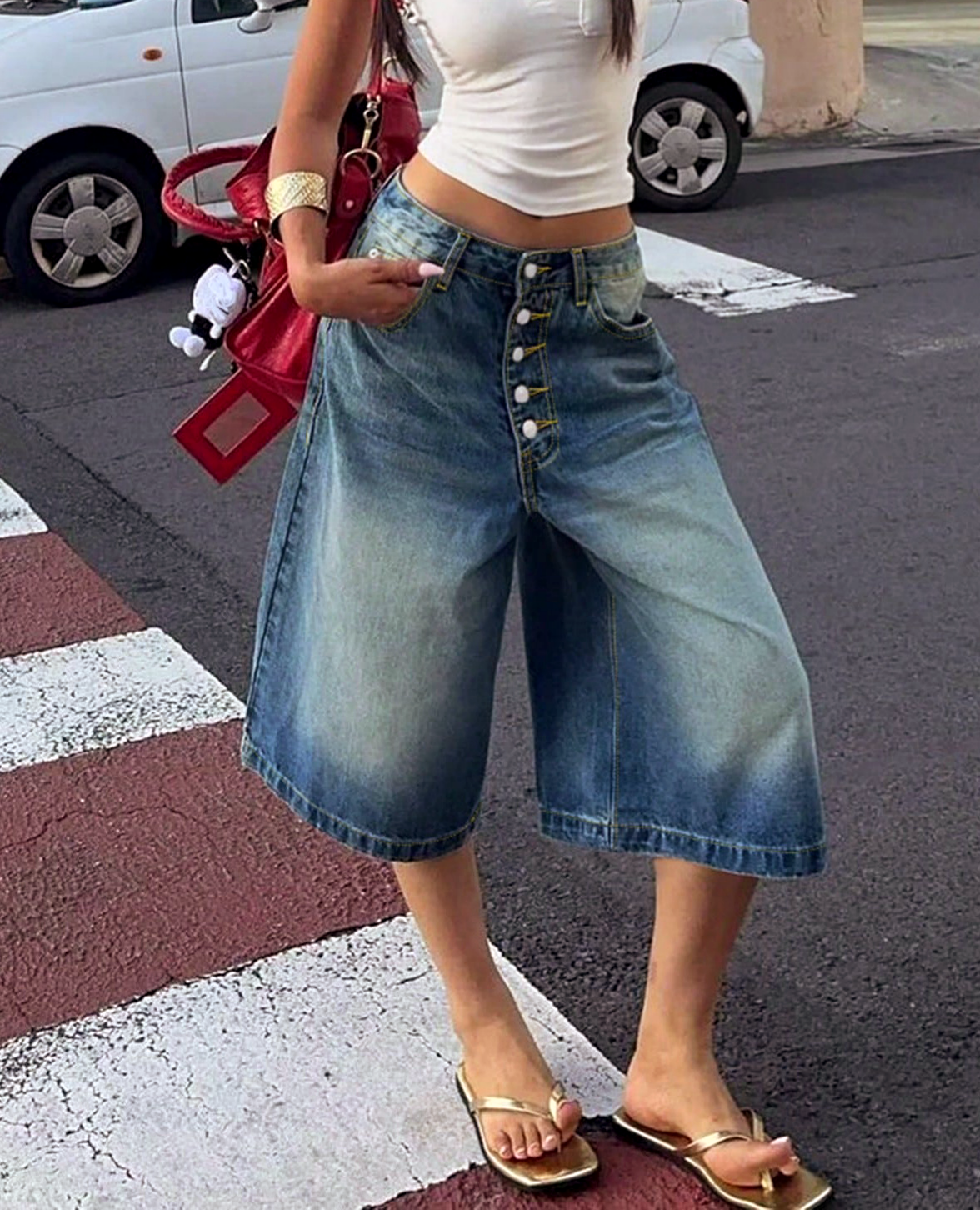 High Rise Baggy Denim Culotte Jeans - DarkBlue