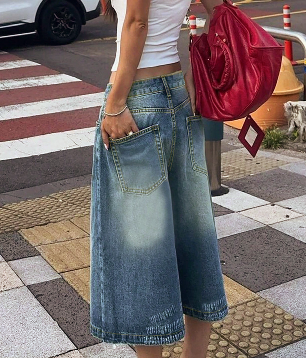 High Rise Baggy Denim Culotte Jeans - DarkBlue - 5