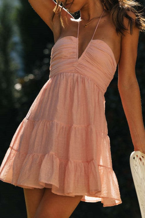 Halter Plunge Tiered Chiffon Mini Dress - Pink - 4