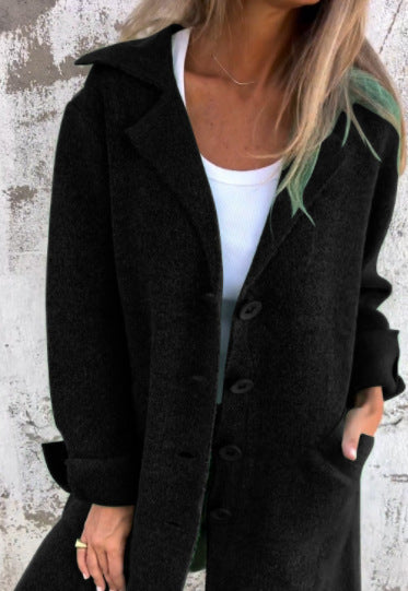 Brushed Boucle Lapel Collar Longline Cardigan - Black