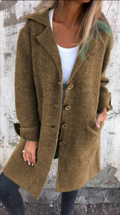 Brushed Boucle Lapel Collar Longline Cardigan - Brown